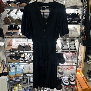 Sharagano Black Midi Dress with Tie-Waist